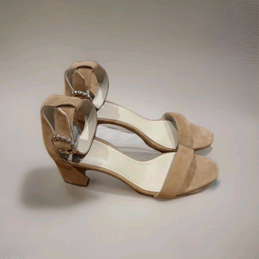 Maje Paris Suede Tan Block Heel Sandals 40 Ankle Strap Crystal Detail US 9.5